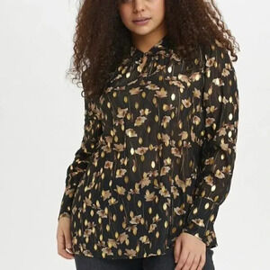 Kaffe Metallic Gold Blouse Black Floral Long Sleeve Size  40 Large